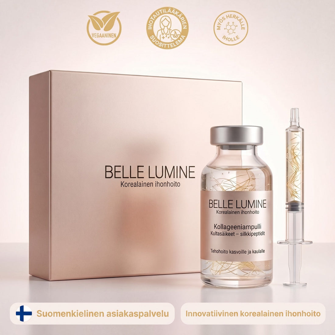 Ampola de colagénio Belle Lumine, seringa e embalagem